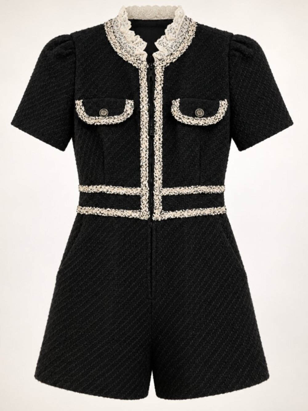 Sandro Ariela Black Tweed Playsuit Romper Lace Trim Short Sleeve Jumpsuit XS - Picture 7 of 7
